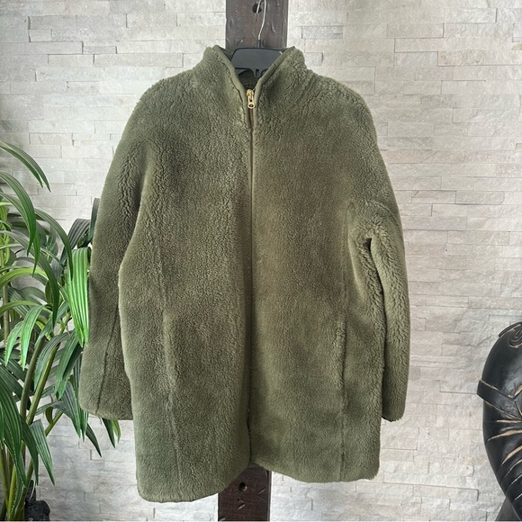J. Crew Olive Green Plush Zip Up Fleece Jacket Coat Size M